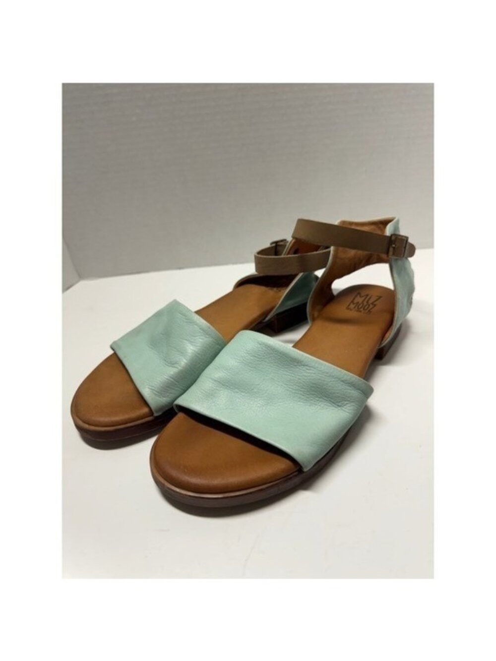 Miz Mooz Maddox Mint Green Leather Ankle Strap Flat Sandals Size 40 9 IB18711